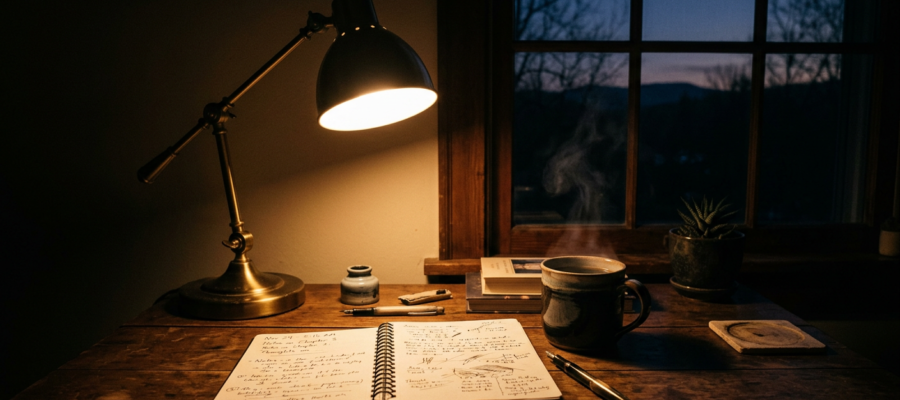 Firefly_Gemini Flash_A lit window in a dark house, or your desk lamp over a notebook and coffee, pre-dawn 306528